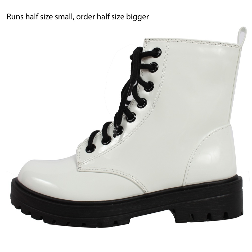 White Faux Patent Leather Combat Lace Up Ankle Boo - Picture 2 of 4